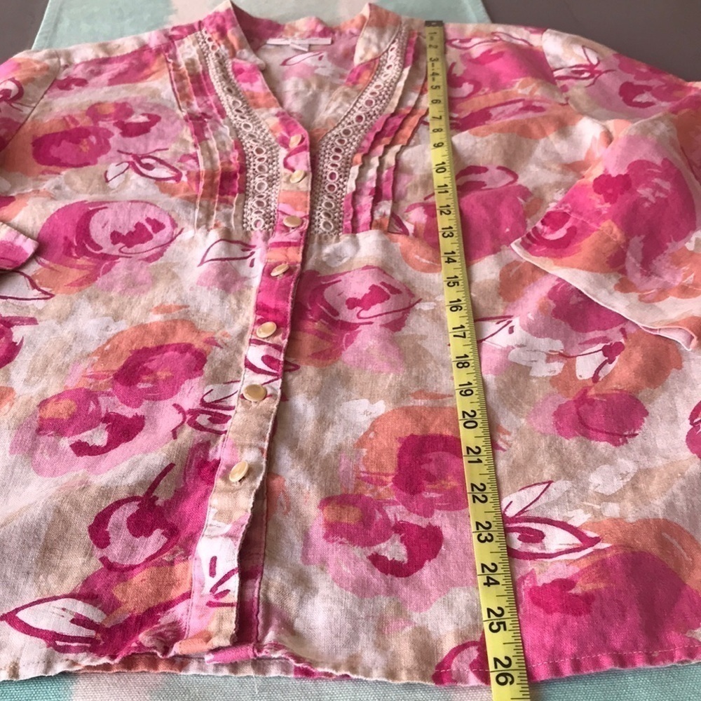 JM Collection Linen Floral Top Crochet Trim Pleated Button Front 12 - Picture 9 of 10